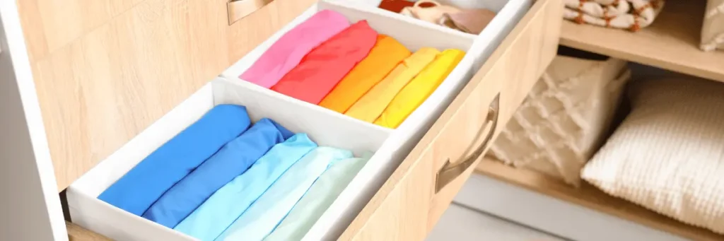 Gavetas com roupas dobradas na vertical