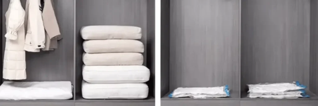 Guarda roupa arrumado sem e com saco a vácuo